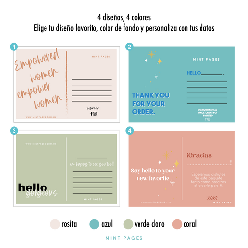 Postales personalizadas con tu logo o marca. Tarjetas de agradecimiento personalizadas. Papelería corporativa. Mint Pages